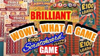 Wow!BRILLIANTFANTASTIC Scratchcard GameTRIPLE JACKPOT£100 LOADEDCASH LINESRAINBOW BINGO