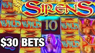 HUGE WIN SIRENS SLOT/ HIGH LIMIT/ $30 BETS/ MAX BETS/GRANDE WIN