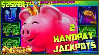 HIGH LIMIT All Aboard  Piggy Pennies (2) HANDPAY JACKPOTS $25 Bonus Rounds Slot Machine Casino