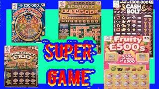 Over £50 worth"SUPER Scratchcard Game"FRUITY £500"MONEY SPINNER"INSTANT £100"CASH BOLT"CASH LINES"