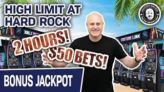 HIGH LIMIT for TWO HOURS at Hard Rock!  HUGE Jackpot on Fortune Link - GOTTA See This!