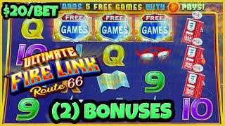 Ultimate Fire Link Route 66 HIGH LIMIT (2) $20 Bonus Rounds Slot Machine Casino