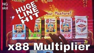 Lucky 88 Slot Machine 3 Bonuses and   BIG WIN   LINE HIT x88 Multiplier !! LIVE SLOT PLAY
