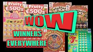 CRACKING & ExcitingScratchcard GAMEFRUITY £500MONEY SPINNERRUBY 7s DOUBLERINSTANT £100