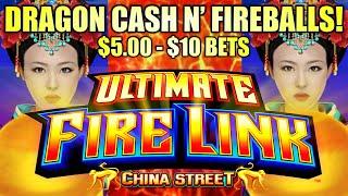 DRAGON CASH & FIREBALLS!!  $10 BET ULTIMATE FIRE LINK & DRAGON CASH Slot Machine Bonus (SG)