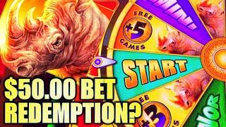 $50 BET REDEMPTION?! FINALLY GOT THE BONUS!! NEW RAGING RHINO RAMPAGE Slot Machine Bonus