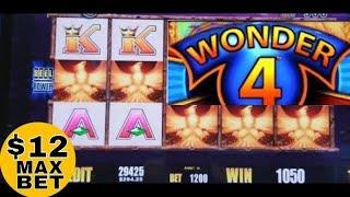$12 MAX BET Wonder 4 Fire Light Slot Machine Bonuses Won ! Live Slot Play
