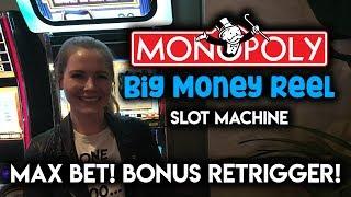 MONOPOLY BIG MONEY Reel! RARE Free Spins Re-Trigger! Max Bet!