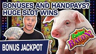 Bonuses AND Handpays?  I’m RAKIN’ the BACON on This One! HUGE Slot Wins