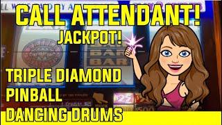 BIG Triple Diamond Slot Machine Handpay! Pinball & Dancing Drums too!  Started VEGAS off Right!!