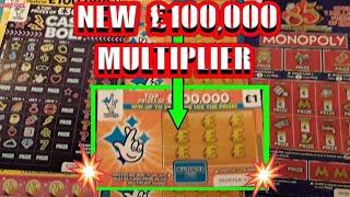 NEW £100,000 MULTIPLIER Orange Scratchcard85th MONOPOLYSCRABBLE.Cash Bolt£100,000 yellow