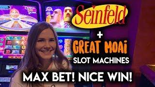 Random Features SAVE THE DAY! Seinfeld and GREAT MOAI Slot Machines! MAX BET! NICE WIN!!