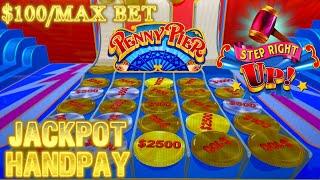 HIGH LIMIT Step Right Up Penny Pier HANDPAY JACKPOT $100 Max Bet Drop N Slide Bonus Round Slot