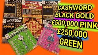 SCRATCHCARDS from THE NATIONAL LOTTERY..CASHWORD BONUS..BLACK AND GOLD..£500,000 PINK.£250,000 GREEN