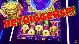 BIG WIN 5 Dragons Gold Slot Machine!! RETRIGGERS!, Mystery Bonus! Aristocrat Slot!