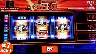 HOT HOT SUPER JACKPOTS TRIPLE GOLDEN CHERRIES Slot Machine $7 Max Bet Bonuses Won ! Nice Play