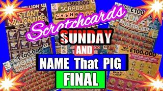 Scratchcards Sunday.£20 worth DIAMON 7s.INSTANT MILLIONAIRE.BINGO..&.FINAL"Name that Pig.Prize Draw"