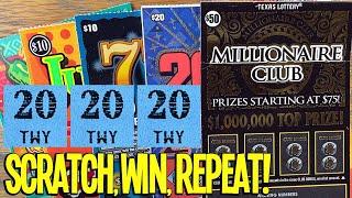 SCRATCH, WIN, REPEAT! 4X $20 200X The Cash + $50 Millionaire Club  TEXAS LOTTERY Scratch Offs