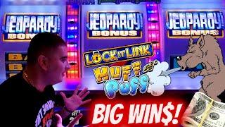 High Limit JEOPARDY Slot Machine Bonus & NON STOP RE-TRIGGERS - BIG WIN ! Huff N Puff Slot BIG WIN