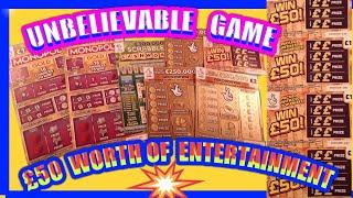 UNBELIEVABLEScratchcard GameMONOPOLY£250,000 GOLD️SCRABBLE CASHWORD️MONEY SPINNER.WIN £50