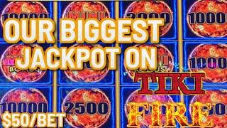 HIGH LIMIT Lightning Link Tiki Fire MASSIVE HANDPAY JACKPOT $50 Bonus Round Slot Machine Casino