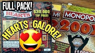 **FULL PACK!**  HEARTS GALORE! 50X HEARTS + 2X $20 MONOPOLY 200X  TX Lottery Scratch Off Tickets