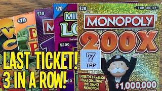 $110/TICKETS! 3 IN A ROW! $20 Monopoly 200X + $20 Million Dollar Loteria  TEXAS Lottery Scratch Off