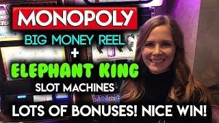 LOTS of ACTION on Monopoly Big Money Wheel and Elephant King! Max Bet Great Bonus WINS!