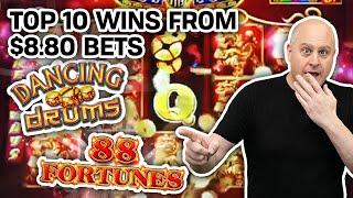 WHAT LUCK! Only $8.80 Bets  My 10 BIGGEST SLOT WINS: Dancing Drums, 88 Fortunes, & MORE!