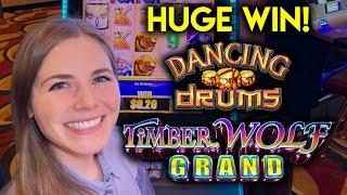HUGE HIT! Dancing Drums Slot Machine! BIG 20 Free Game BONUS! Timberwolf Grand! Very Lucky Session!