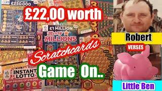 Scratchcards.Merry MillionsPot of Gold.£250,000 Blue3 Times LuckyBlazin7s