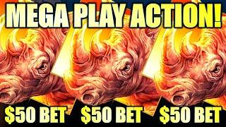 MEGA PLAY ACTION! $50.00 BET FEATURE (I JUST CAN’T STOP! ) RAGING RHINO RAMPAGE Slot Machine (SG)