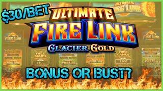Ultimate Fire Link Glacier Gold HIGH LIMIT $30 Bonus Rounds Slot Machine Casino
