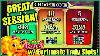 RAKIN BACON MAX BET Session & Bonus Round Slot Machine Casino with Fortunate Lady Slots