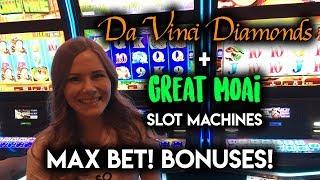 Max Bet BONUS Great Moai and DaVinci Diamonds Slot Machines! Gambling Fun!