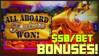 HIGH LIMIT All Aboard  Piggy Pennies (2) $50 MAX BET Bonus Rounds Slot Machine Casino
