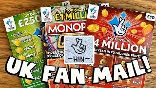 FAN MAIL! 50£ National Lottery Scratchcards!  MONOPOLY Jackpot, £4 Million Red