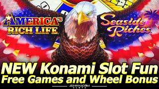 NEW Konami Slot Fun! Wheel Bonuses and Free Games on America's Rich Life Seaside Riches Slots!