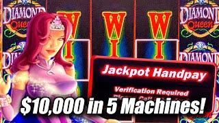 $2,000 EACH IN 5 DIFFERENT SLOT MACHINES  HIGH LIMIT SLOT PLAY  DIAMOND QUEEN & MY BIG JACKPOT!