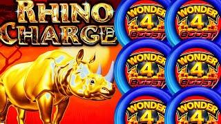 WOW!! RARE SUPER FREE GAMES BOOST TO EXTREME! RHINO CHARGE! WONDER 4 BOOST Slot Machine (Aristocrat)