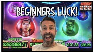 BEGINNERS LUCK ON MONSTERS RETURN and a BIG FAT WIN ON HUFF & PUFF SLOT MACHINES!