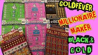 SCRATCHCARDS..MILLIONAIRE MAKER..£500,000 PINK..BLACK GOLD..GOLDFEVER..HOT MONEY..£250,000 GREEN..