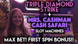 Mrs Cashman CASH Safari First Spin BONUS Re-Trigger!!! Triple Strike Diamonds Max Bet!