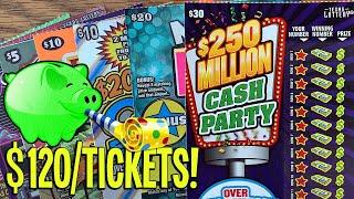 $120/TICKETS!  PIGGY PARTY FUN!  $30 Cash Party + $20 Mega 7s!  TEXAS Lottery Scratch Off