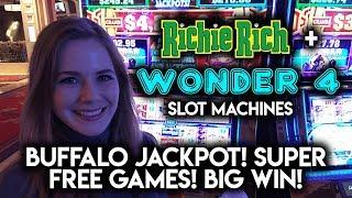 Wonder 4 Buffalo Progressive Jackpot + Super Free Games BIG WIN! Richie Rich Jackpot JUMP!!!