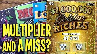 MULTIPLIER + I MISSED?  GOING BIG! $50 $1,000,000 Golden Riches!  $100 in TX Lottery Scratch Offs