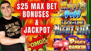 High Limit Huff n Puff Slot Machine Max Bet HANDPAY JACKPOT | High Limit Lock It Link Slots Bonuses