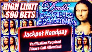 UNBELIEVABLE CLOSE CALL WITH DOUBLE JACKPOT WINS ON HIGH LIMIT DAVINCI DIAMONDS  $90 BETS
