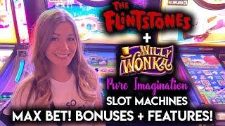Willy Wonka Pure Imagination + The Flintstones Slot Machines! Max Bet BONUSES + RANDOM FEATURES!!