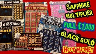 SCRATCHCARDS..SAPPHIRE MULTIPLIER..BLACK & GOLD..FULL OF £1,000s..£500,000 PINK..HOT MONEY
